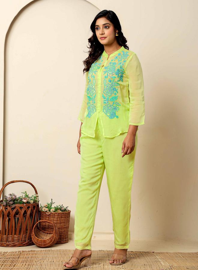 KASYA Green Embroidered Organza Co-Ord Set - Image 2
